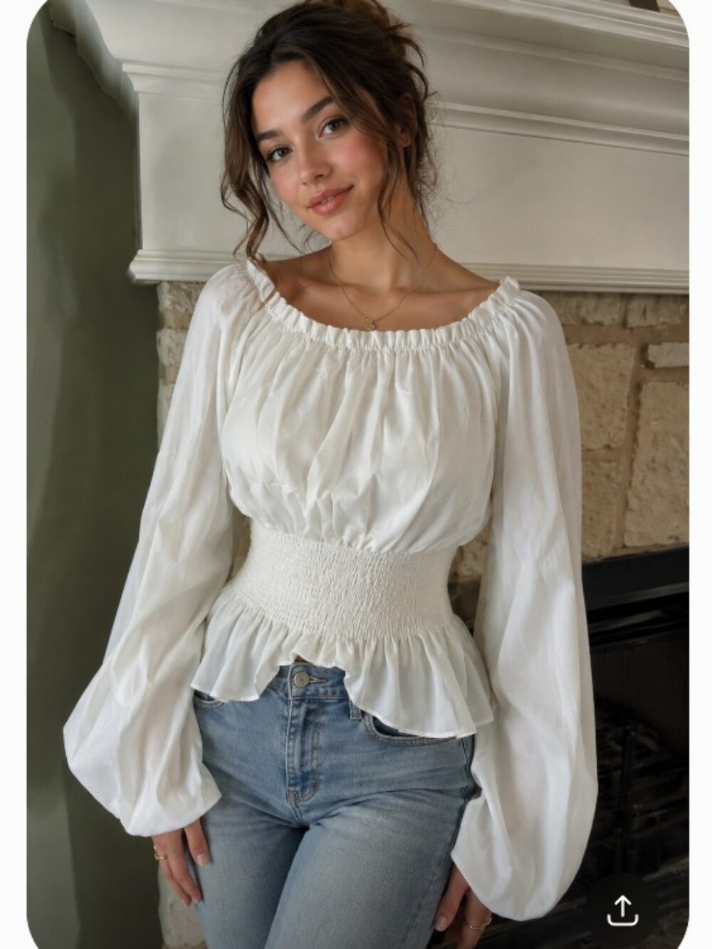 Ren Faire S/M Smocked Waist Off-Shoulder Peasant Top White Cottage